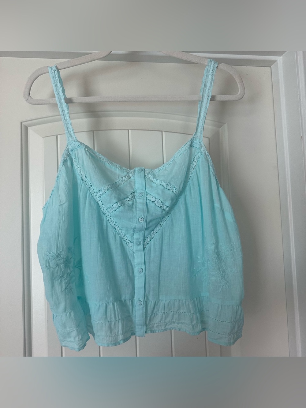 American Eagle Aqua Mint Crop Cami Top Eyelet Soft Cotton XL